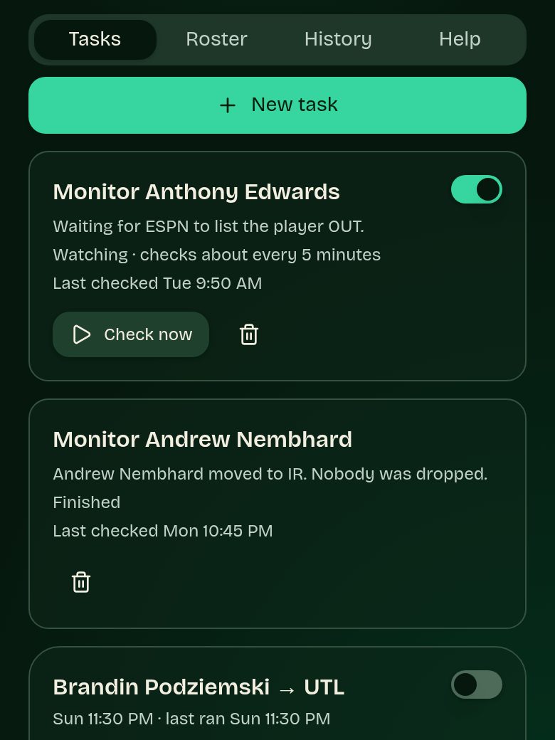 Tasks screen showing a player monitor and a scheduled move
